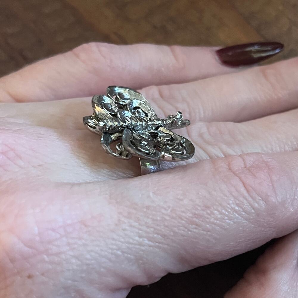 Vintage 1970s Artisan Ring Silver Tone Butterfly Shape Adjustable - Picture 10 of 12